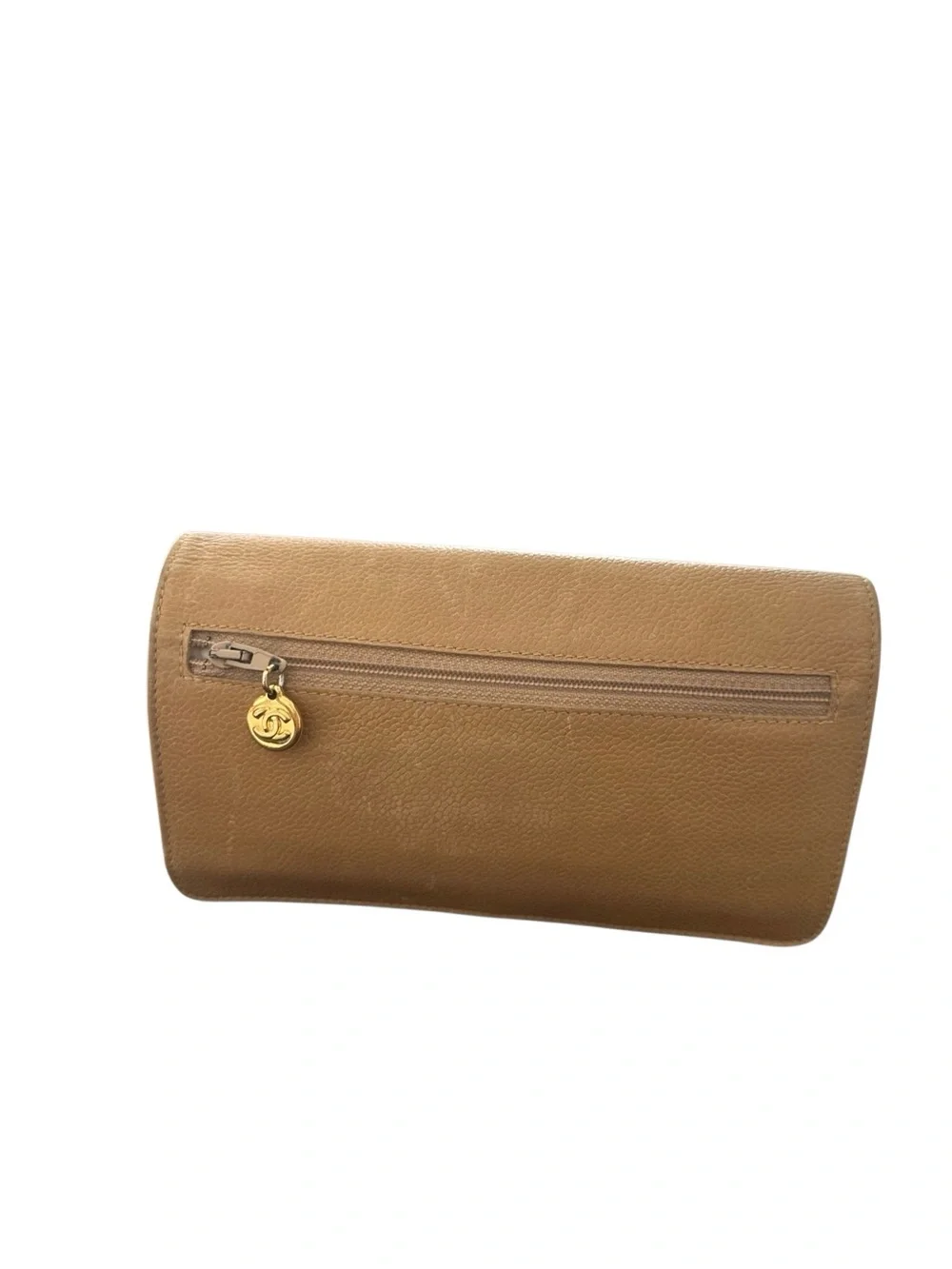 CHANEL Tan Quilted CC Leather Clutch